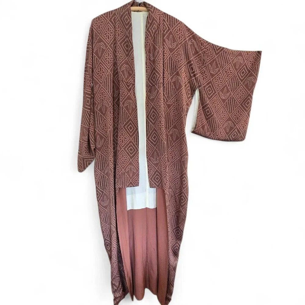 Vintage Brown & Ivory Kimono Robe Geometric Pattern & Open Front Fully Lined - Picture 3 of 8